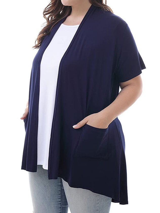 Women's Plus Size Short Sleeve Lightweight Soft Printed Drape Cardigan with Pockets