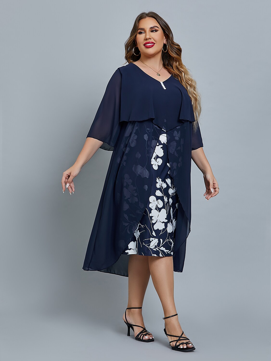 Women's Plus Size Curve Party Dress Floral V Neck Mesh 3/4 Length Sleeve Fall Spring Elegant Midi Dress Party Date Dress / Layered / Print