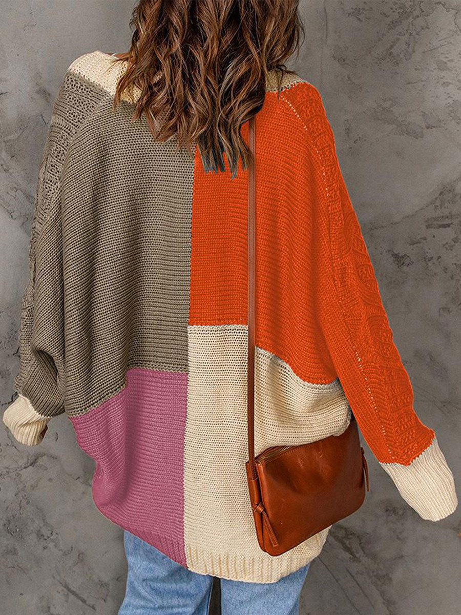 Casual Loose Sweater Contrast Panel Cardigan