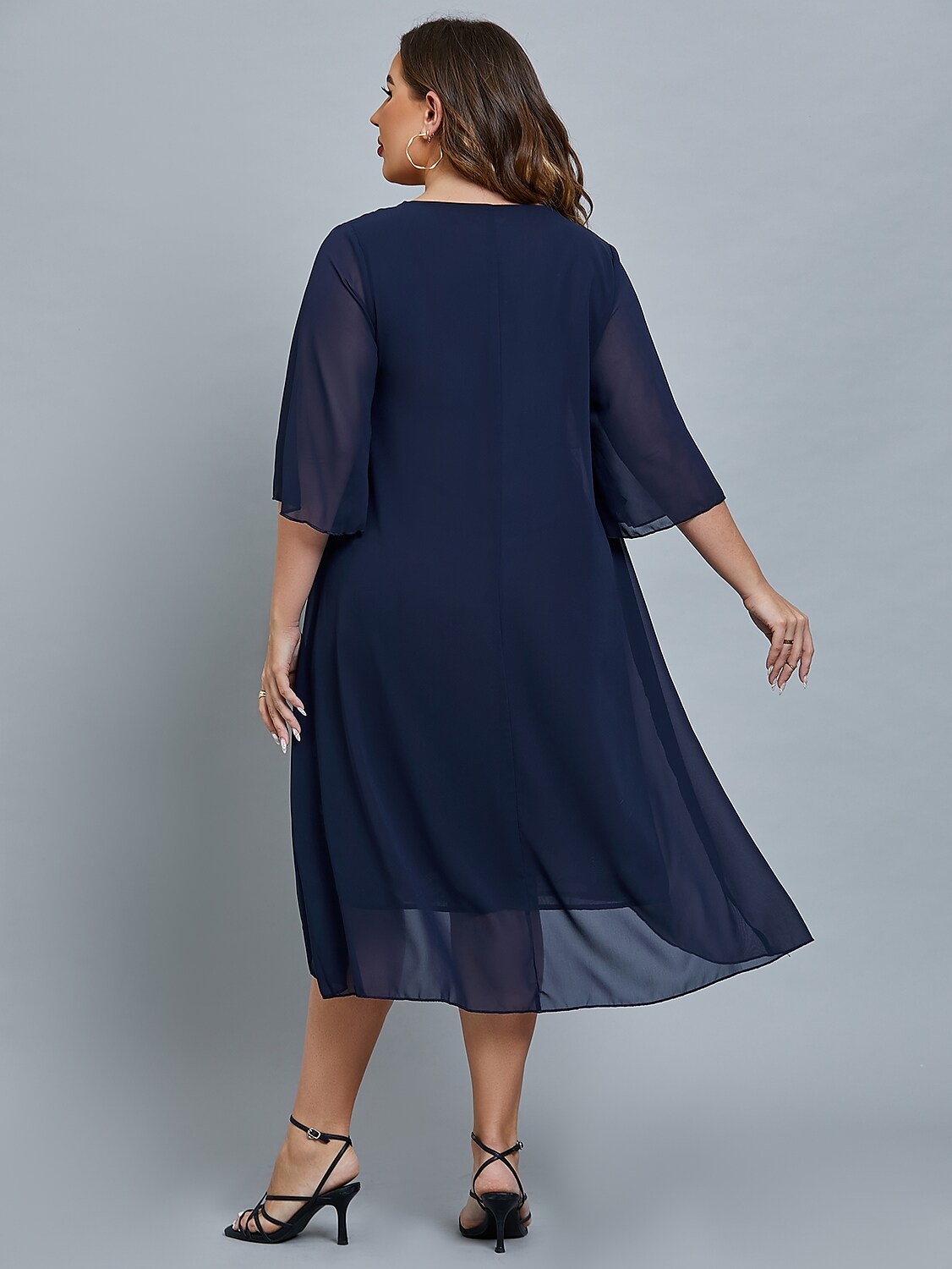 Women's Plus Size Curve Party Dress Floral V Neck Mesh 3/4 Length Sleeve Fall Spring Elegant Midi Dress Party Date Dress / Layered / Print