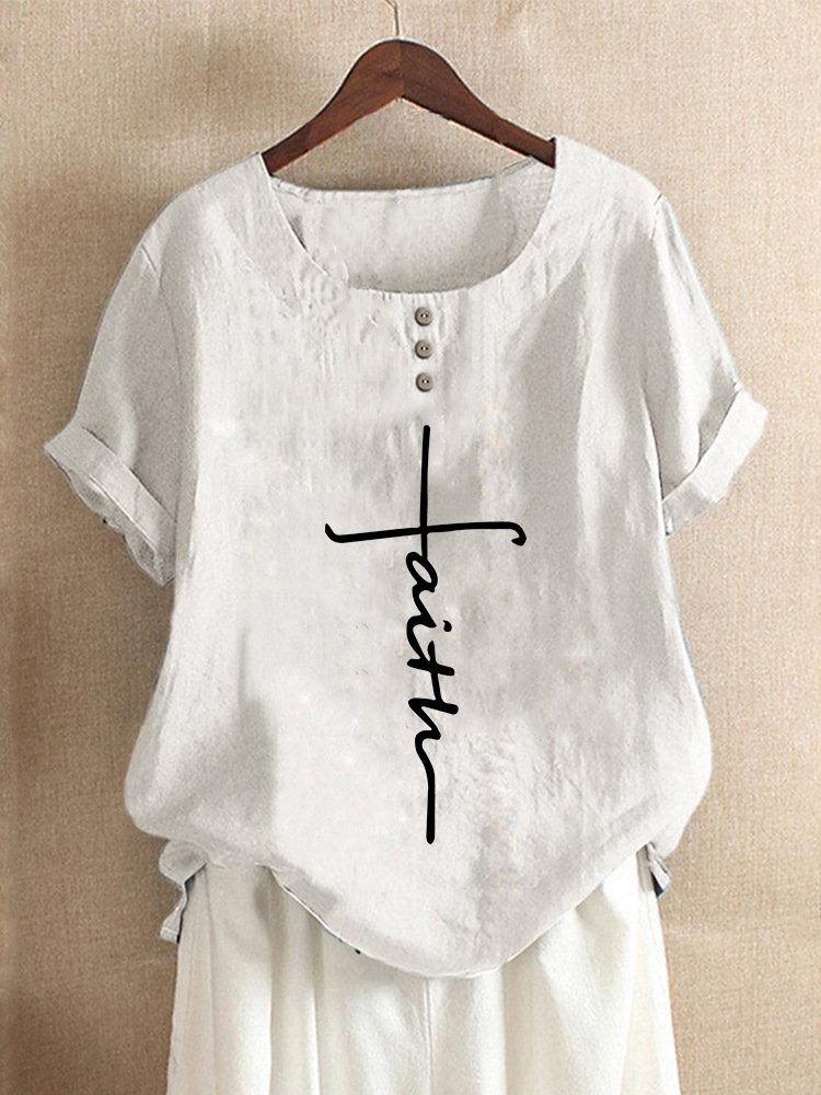 Ladies Cotton Linen Faith Print Casual Shirt