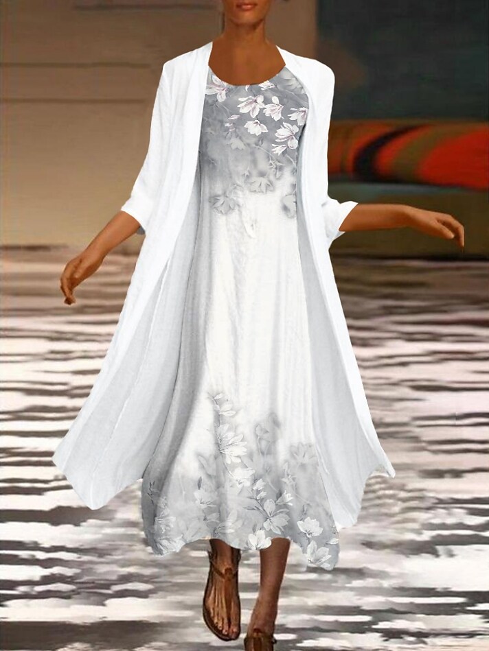 Women's Dress Set Two Piece Dress Midi Dress Green Blue Purple Pink White Long Sleeve Floral Ruched Print Fall Spring Crew Neck Elegant Casual Classic Fall Dress 2022 S M L XL XXL 3XL / Winter Dress