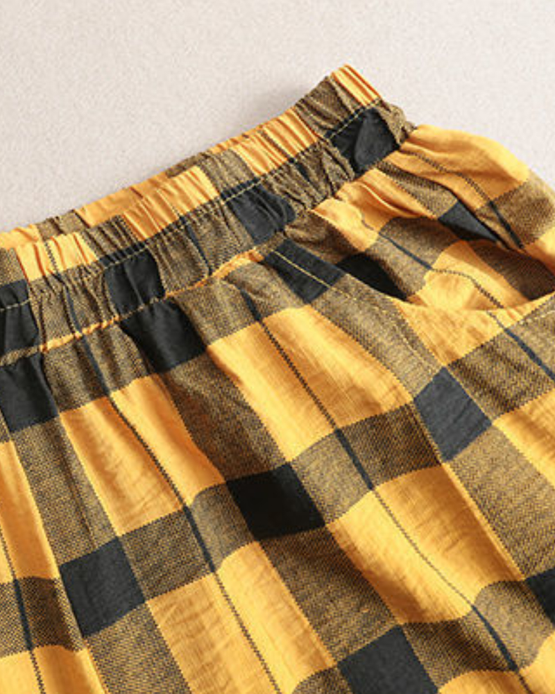 Plaid Stitching Loose Short-Sleeved Cropped Pants Two-Piece Set