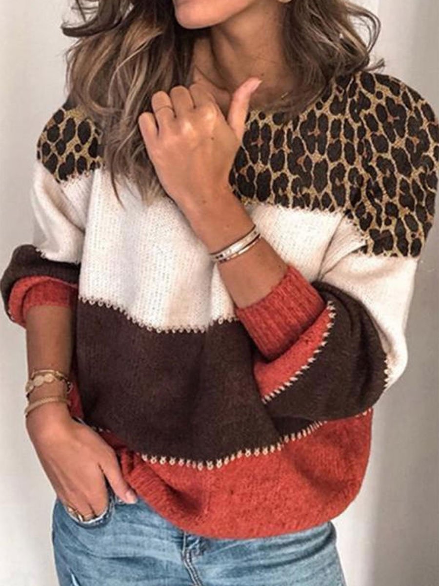 Color Block Animal Print Chunky knit Round Neck Casual Sweaters