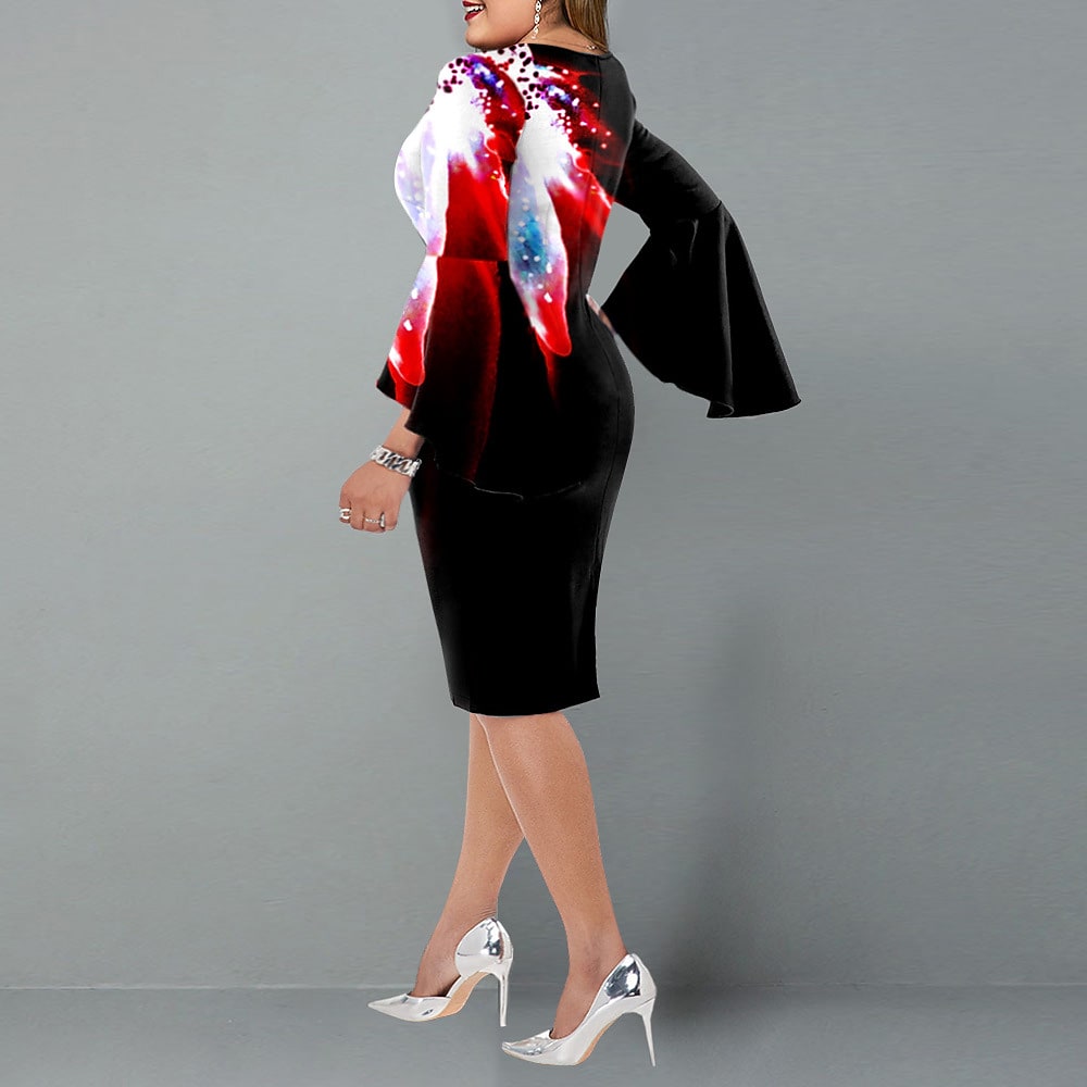 Women's Plus Size Party Dress Floral Crew Neck Ruffle Long Sleeve Dress