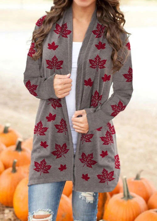 Maple Leaf Long Sleeve Casual Cardigan - Coffee