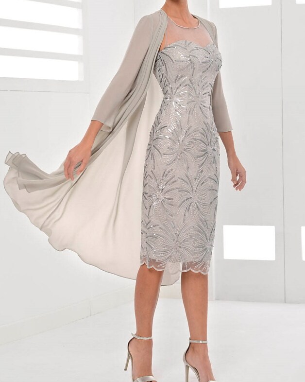 Women's Dress Set Two Piece Dress Sheath Dress Midi Dress Gray 3/4 Length Sleeve Embroidery Embroidered Winter Fall Crew Neck Modern 2022 S M L XL 2XL 3XL