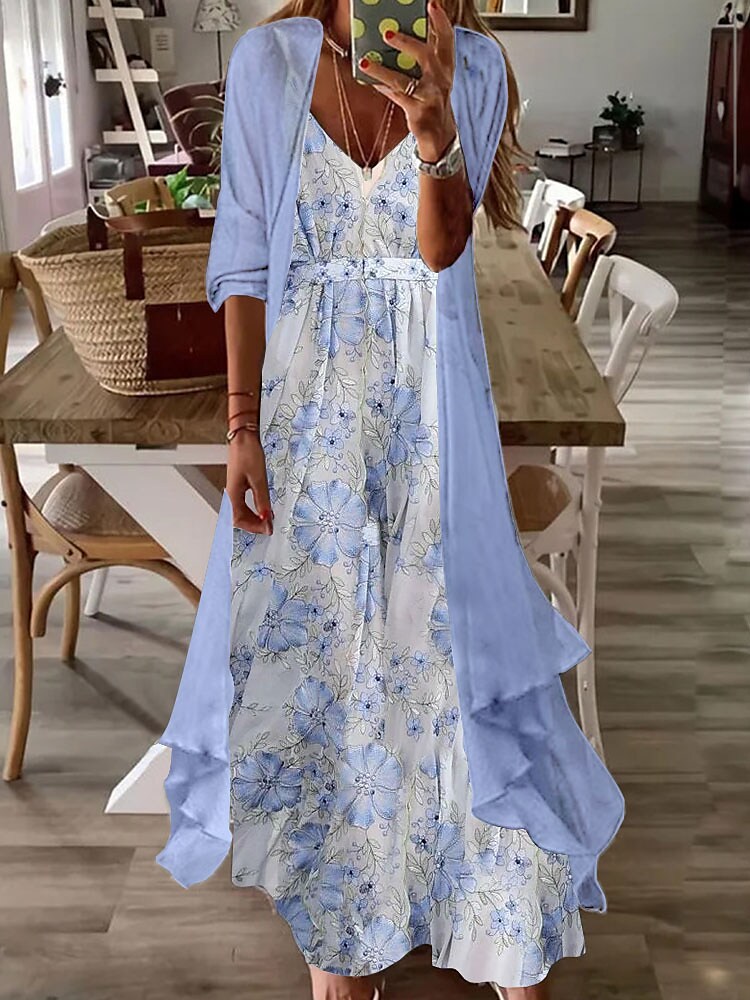 Women's Dress Set Two Piece Dress Long Dress Maxi Dress Blue Purple Pink Half Sleeve Floral Ruched Fall Spring Autumn V Neck Fashion Daily Vacation 2022 S M L XL XXL 3XL
