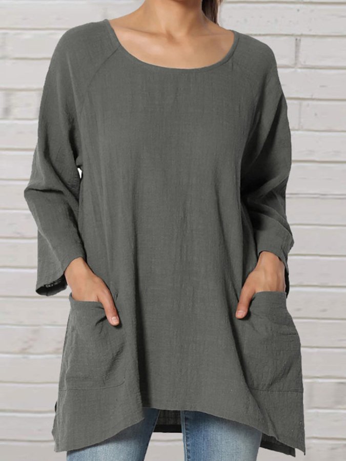 Women's Cotton Linen Round Neck Pocket Design Solid Color Shirt