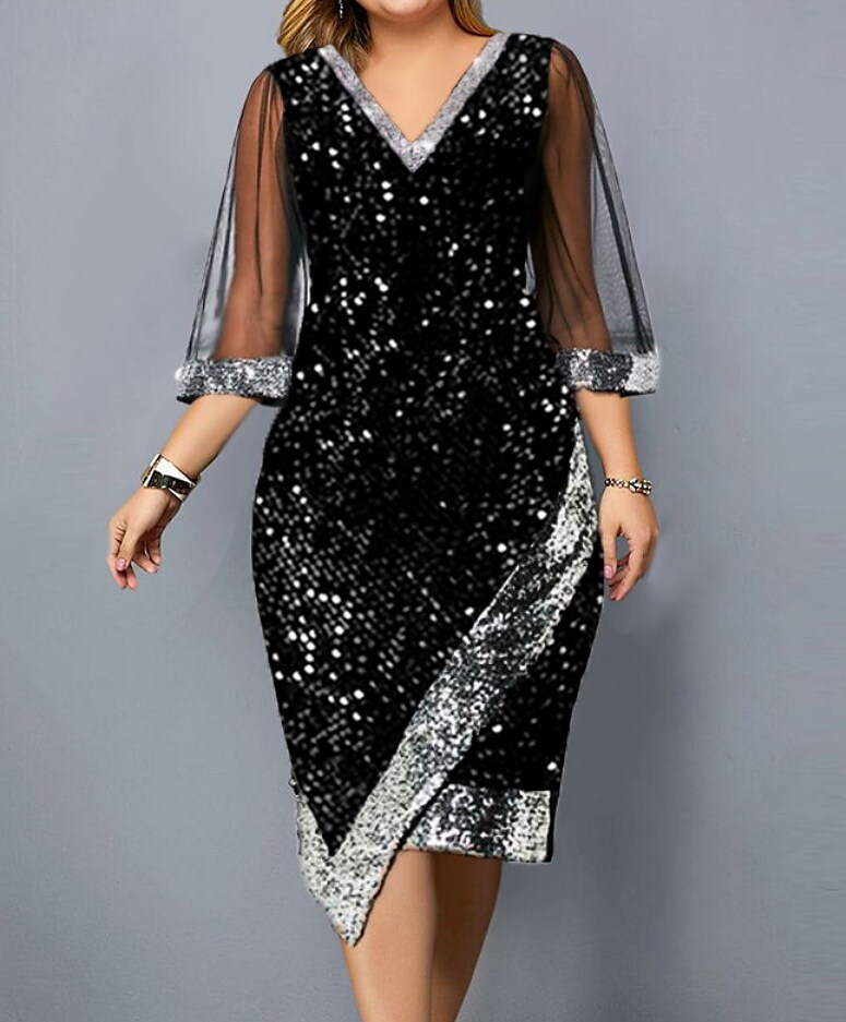 Women's Plus Size Party Dress Solid Color V Neck 3/4 Length Sleeve Fall Winter Stylish Formal Midi Dress Formal Party Dress / Sequin Dress