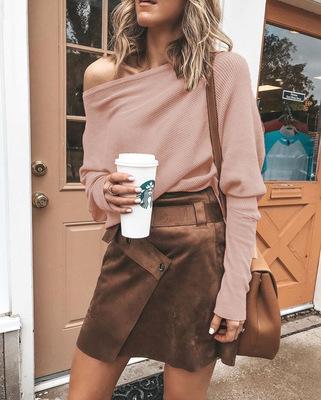 Oblique Neckline Solid Loose Regular Sweaters