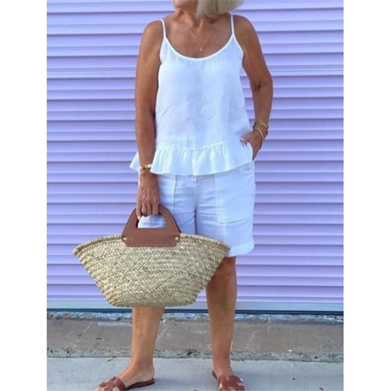 Cotton and linen camisole top + loose elasticated waist trousers two-piece set