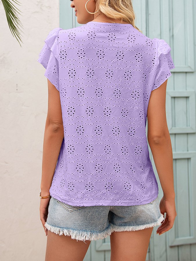 Women's Hollow Lace Up Round Neck Ruffle Sleeve T-shirt