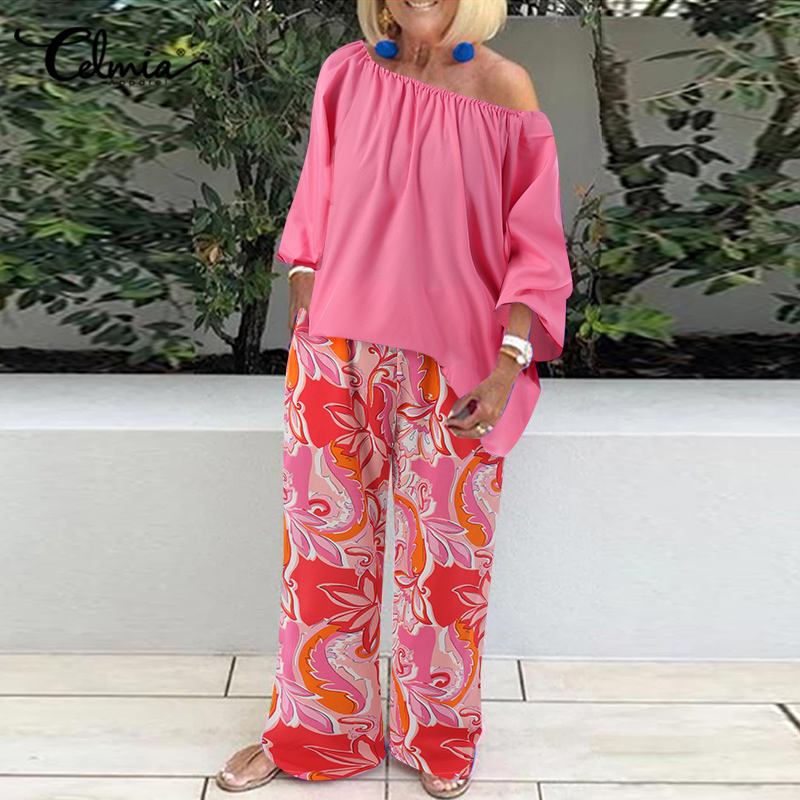 One-Shoulder Three-Quarter Sleeve Top and Wide-Leg Pants Suit