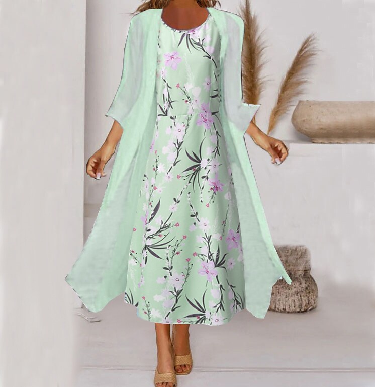 Women‘s A Line Dress Midi Dress Light Green Light Blue 3/4 Length Sleeve Fall Floral Print Fall Spring Round Neck Elegant Casual 2022 S M L XL XXL 3XL