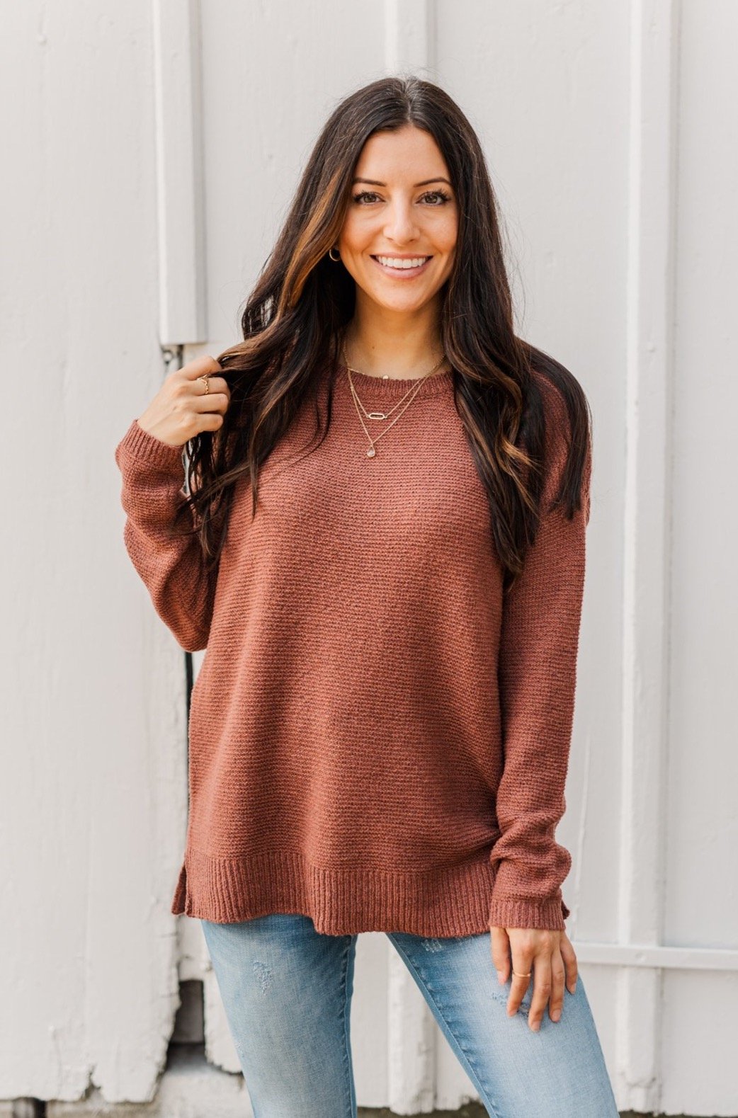Reaching Out To You Knit Sweater- Brick