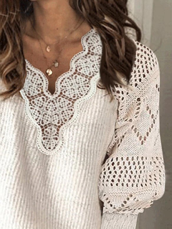 Women's Solid Lace V-Neck Casual Sweaters