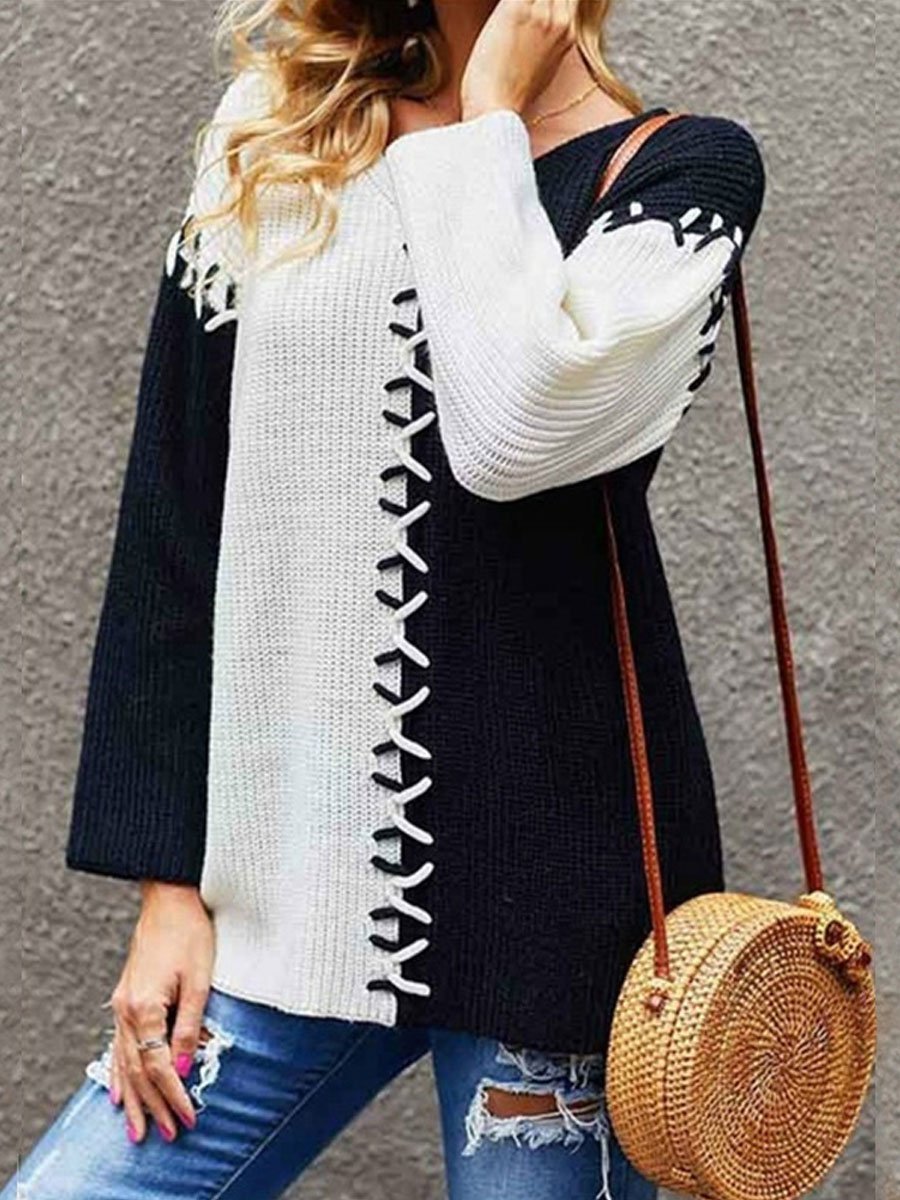 Contrast patch panel long-sleeved knitted sweater