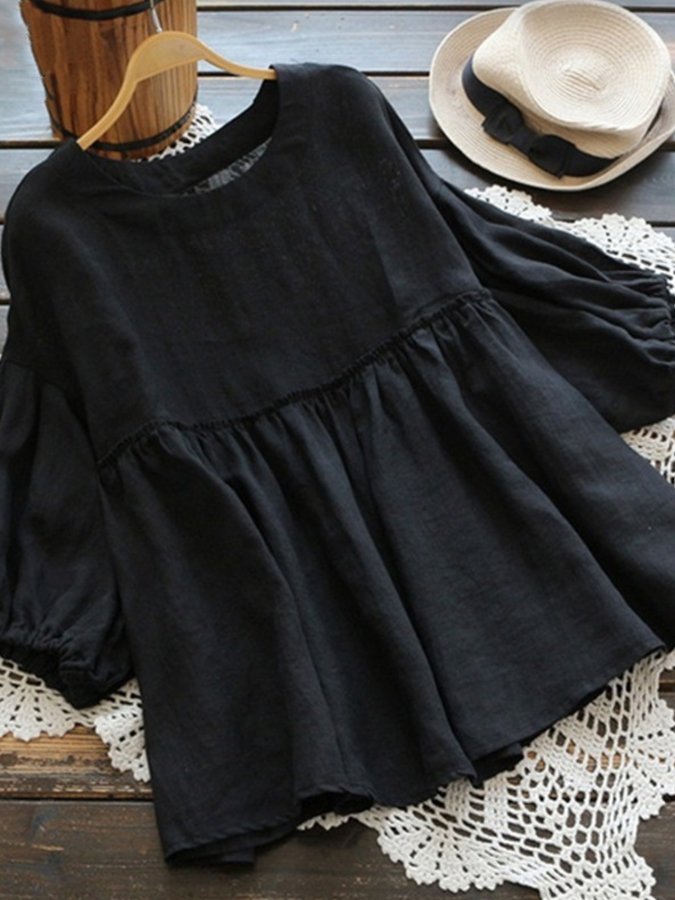 Women's cotton and linen five-quarter sleeve top