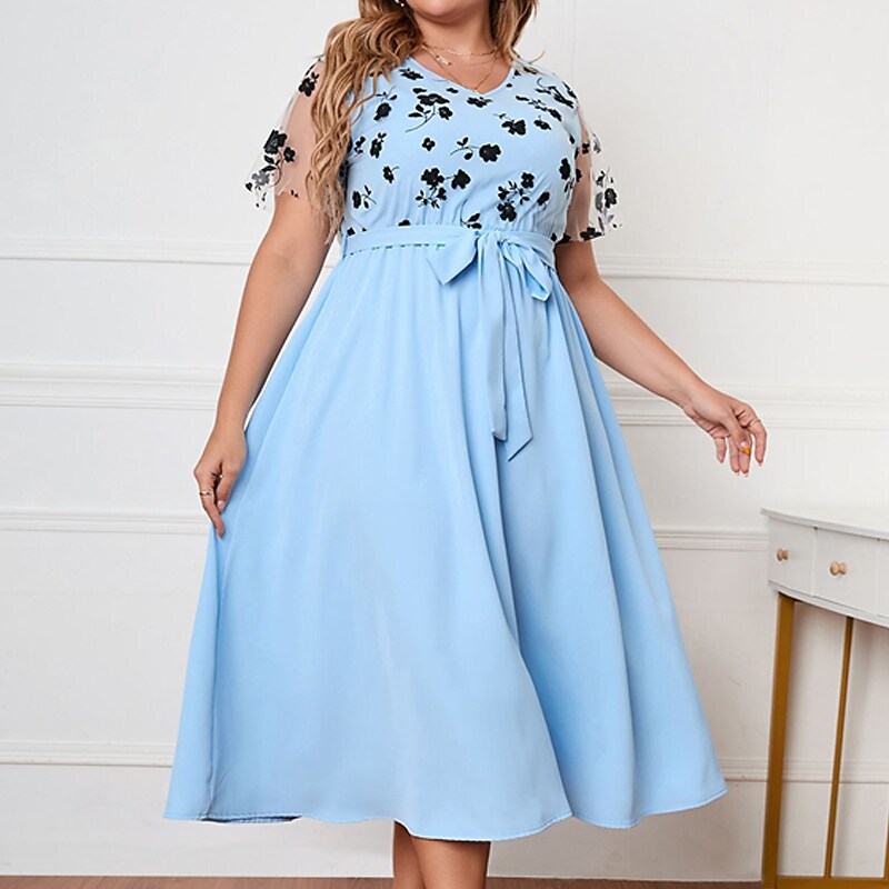Women's Plus Size Casual Dress Floral V Neck Short Sleeve Fall Winter Casual Midi Dress Causal Daily Dress