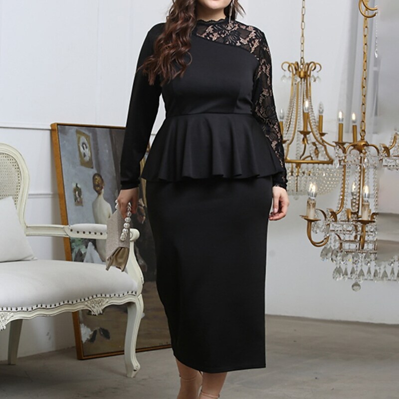 Women's Plus Size Work Dress Pure Color Crew Neck Long Sleeve Fall Winter Work Elegant Midi Dress Work Work Dress Dress