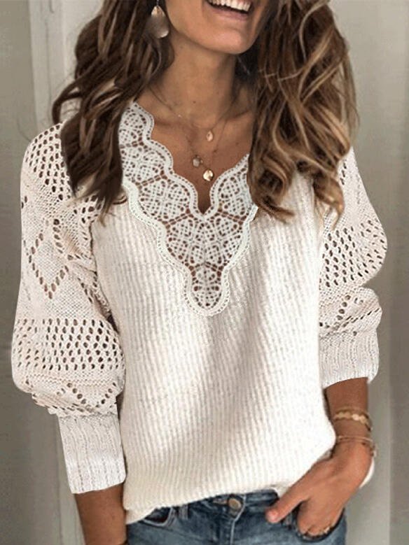 Women's Solid Lace V-Neck Casual Sweaters