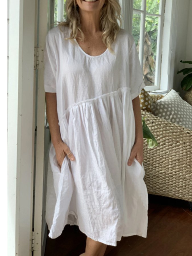 Ladies Cotton Linen Solid Color Loose Casual Round Neck Dress