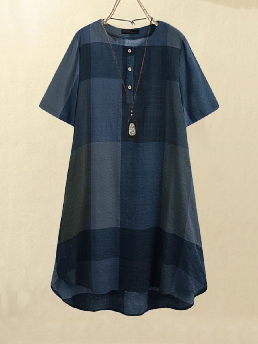 Women's Check Front Short Back Long Button Cotton Linen Dress