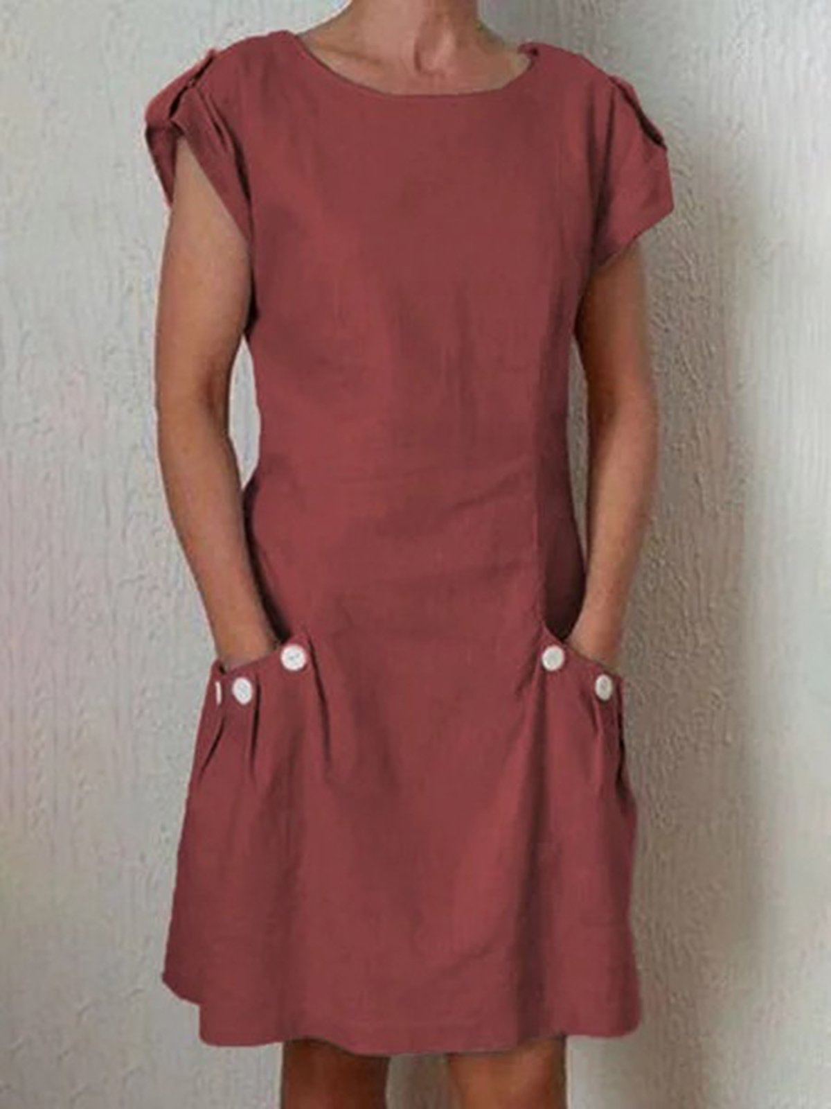 Women's Pure Color Pleated Pocket Cotton Dress