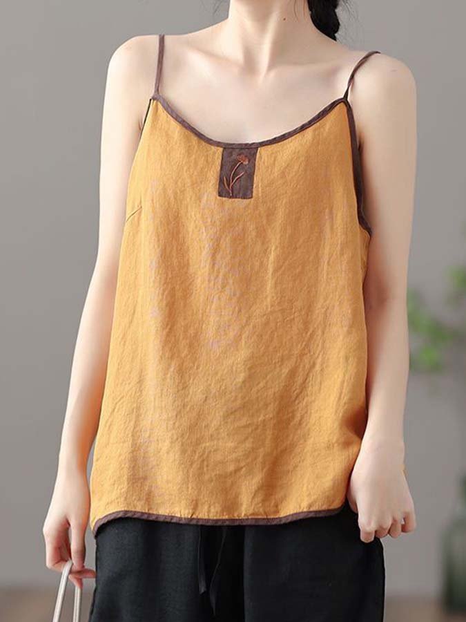 Women's Cotton Linen Embroidered Colorblock Loose Sling Top