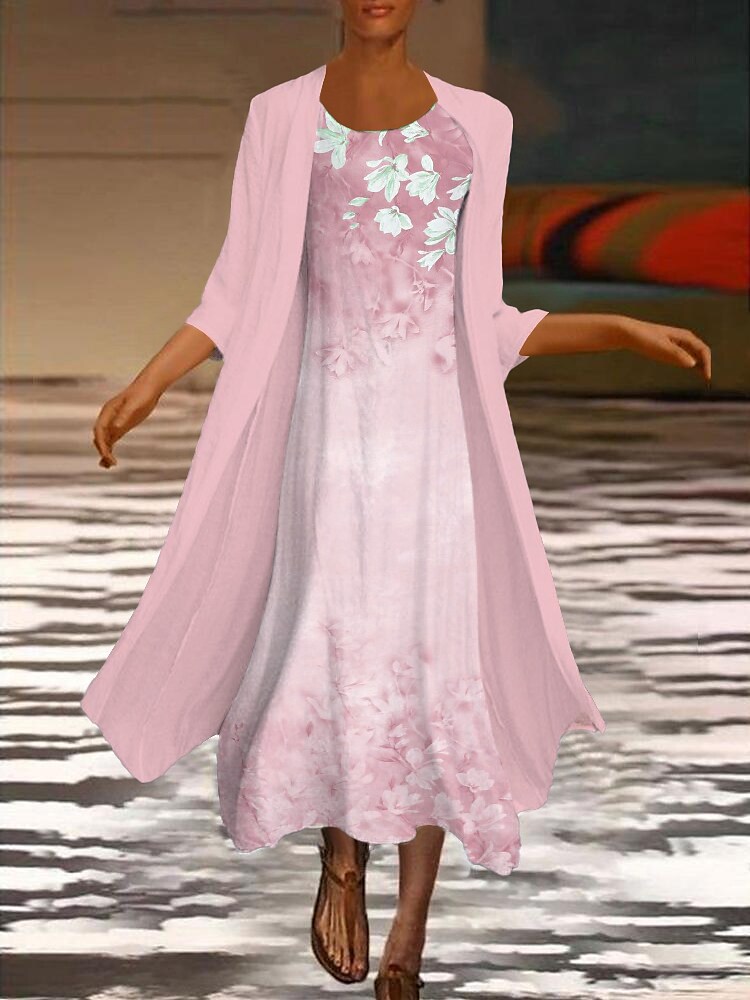 Women's Dress Set Two Piece Dress Midi Dress Green Blue Purple Pink White Long Sleeve Floral Ruched Print Fall Spring Crew Neck Elegant Casual Classic Fall Dress 2022 S M L XL XXL 3XL / Winter Dress