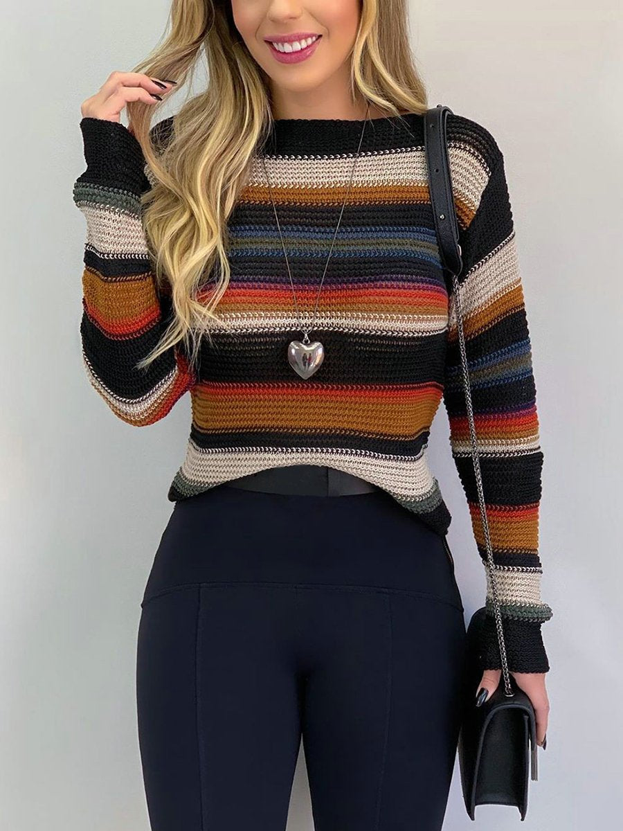 Round Neck Contrast Color Stripe Pullover Sweater