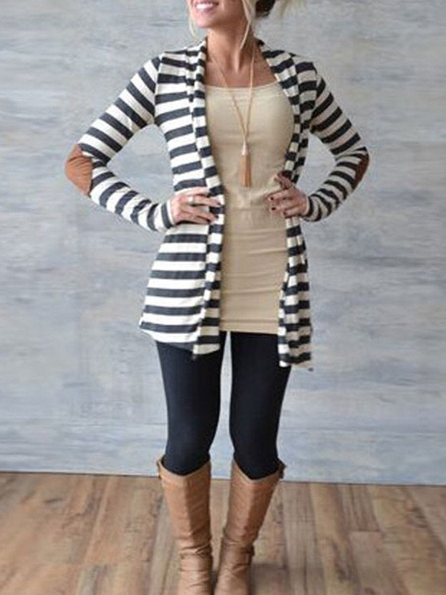Slim Long Sleeves Striped Arm Patched Cardigan