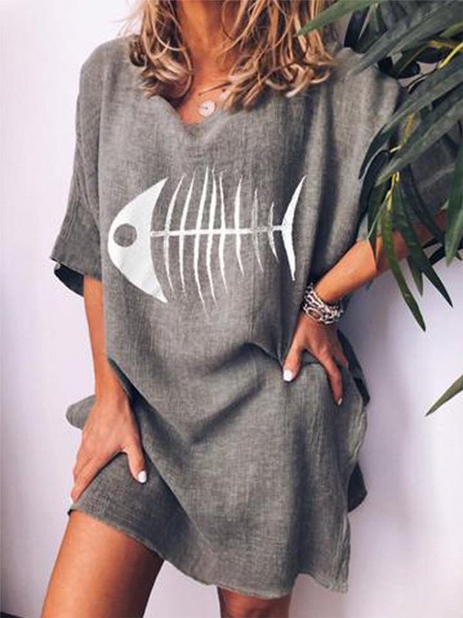 Women's Fishbone Print Slit Cotton Dress