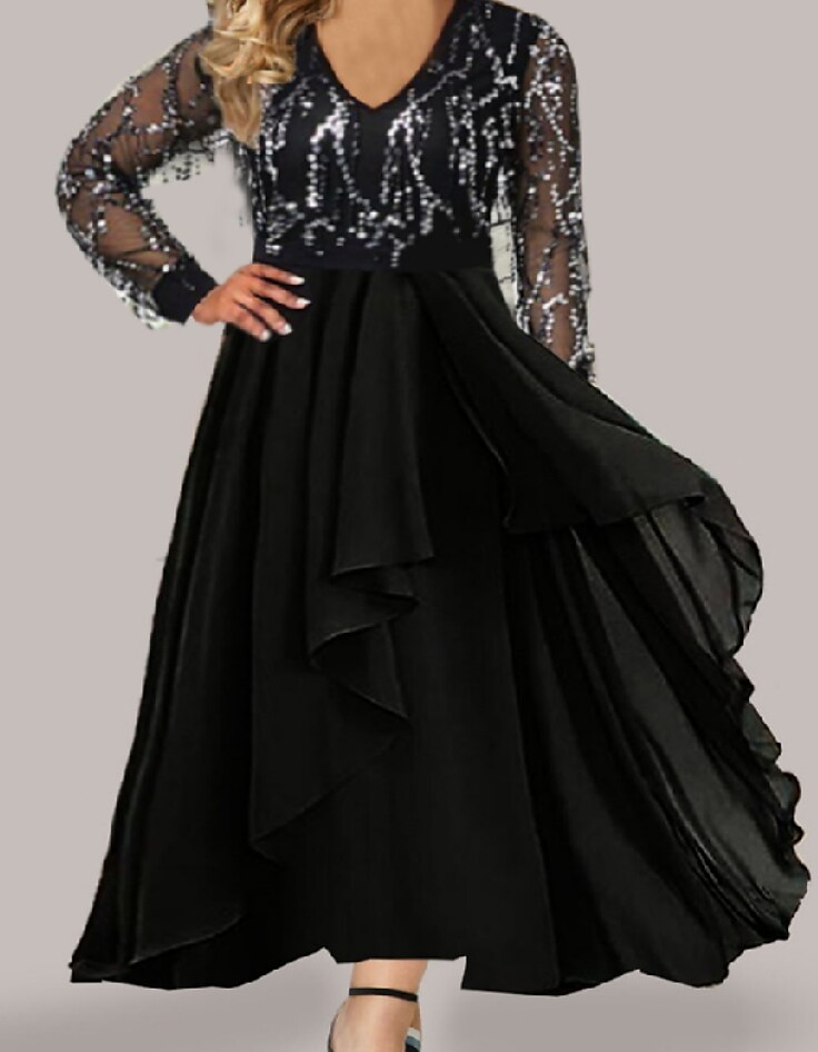 Women's Plus Size A Line Dress Pure Color V Neck Long Sleeve Fall Winter Stylish Midi Dress Daily Weekend Dress