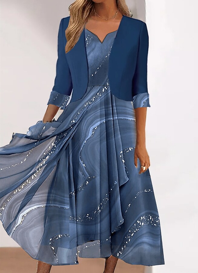 Women's Dress Set Two Piece Dress Midi Dress Blue Half Sleeve Line Sequins Fall Winter V Neck Fashion Casual Modern 2022 S M L XL 2XL 3XL