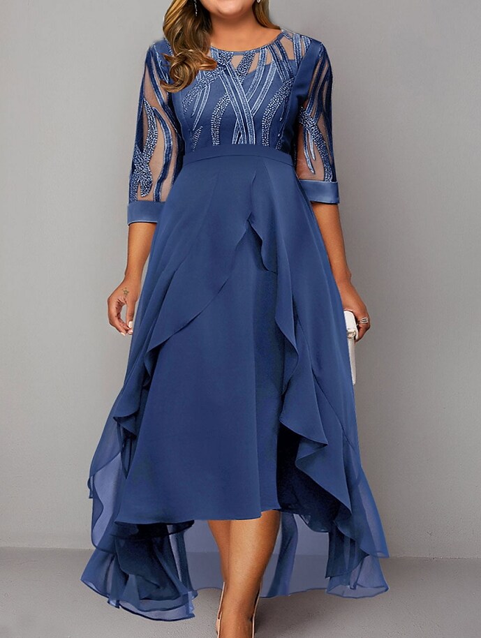 Women's Plus Size Party Dress Print Round Neck 3/4 Length Sleeve Formal Dress