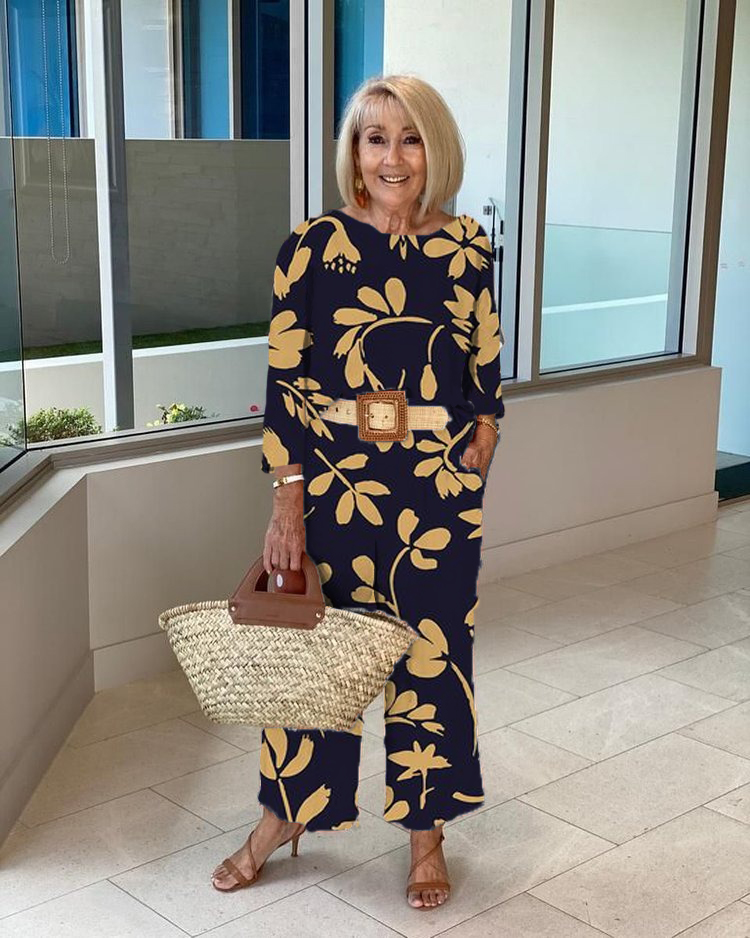 Leaves Long Sleeve Top and Trousers Two-Piece Set