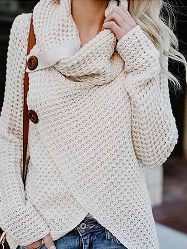 Solid Buttoned Long Sleeve Knitted Turtle Neck Sweater