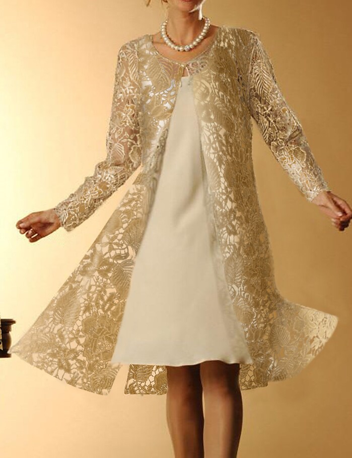 Women's Dress Set Two Piece Dress Shift Dress Gold Long Sleeve Floral Hollow Out Winter Fall Crew Neck Modern Winter Dress Weekend Fall Dress 2022 S M L XL 2XL 3XL