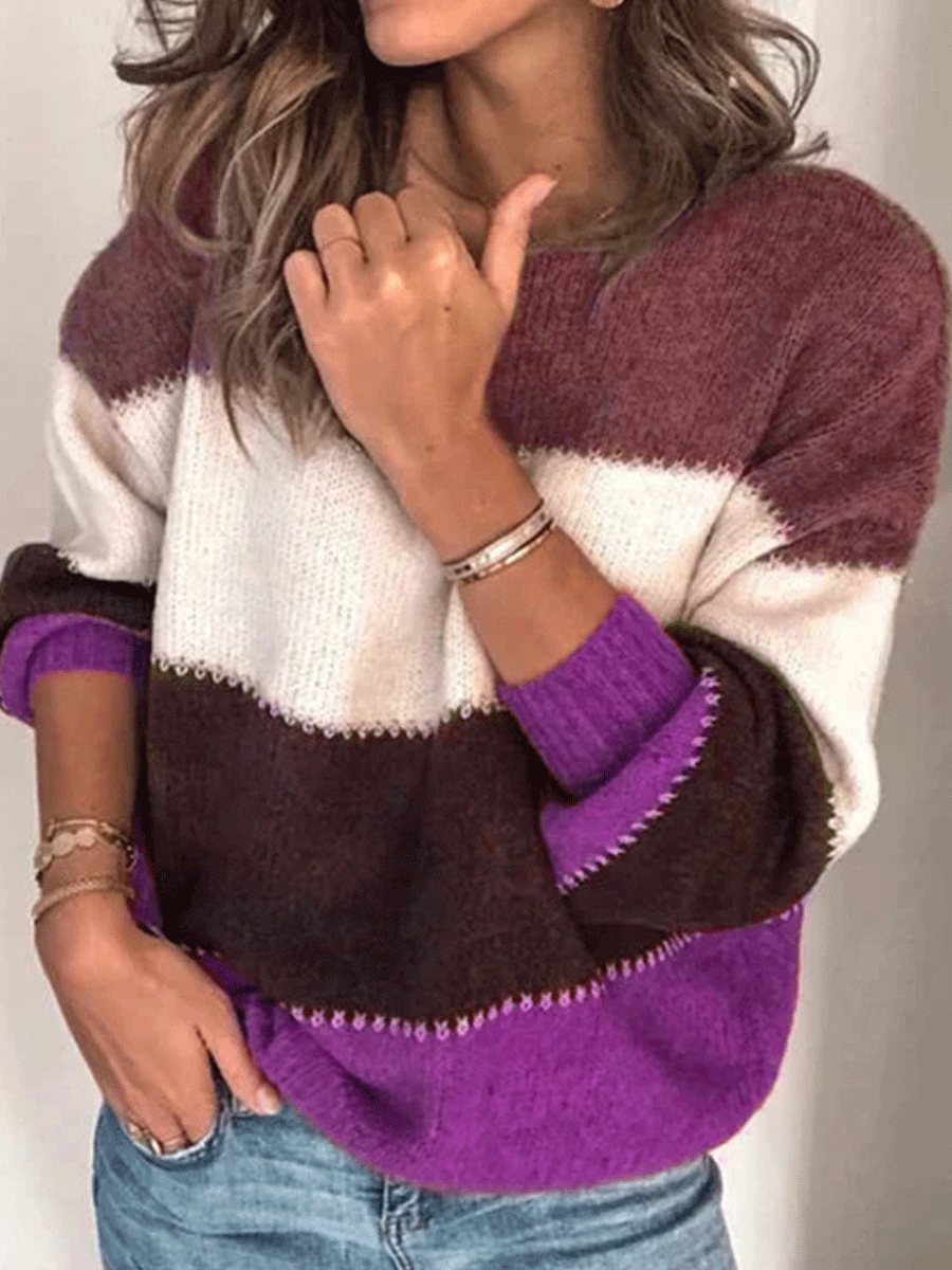 Contrast Stitching Crew Neck Knitted Sweater