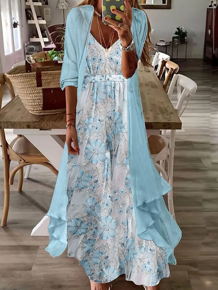 Women's Dress Set Two Piece Dress Long Dress Maxi Dress Blue Purple Pink Half Sleeve Floral Ruched Fall Spring Autumn V Neck Fashion Daily Vacation 2022 S M L XL XXL 3XL