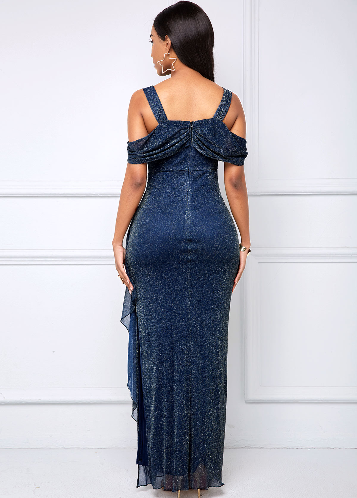 Side Slit Bright Silk Strappy Cold Shoulder Dress