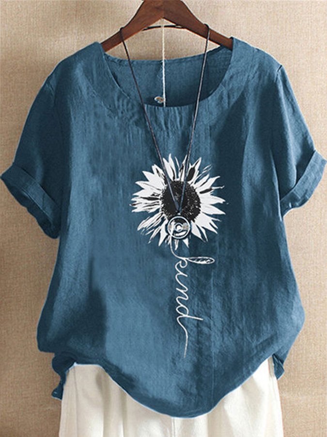 Ladies Cotton Linen Floral Print Casual Shirt