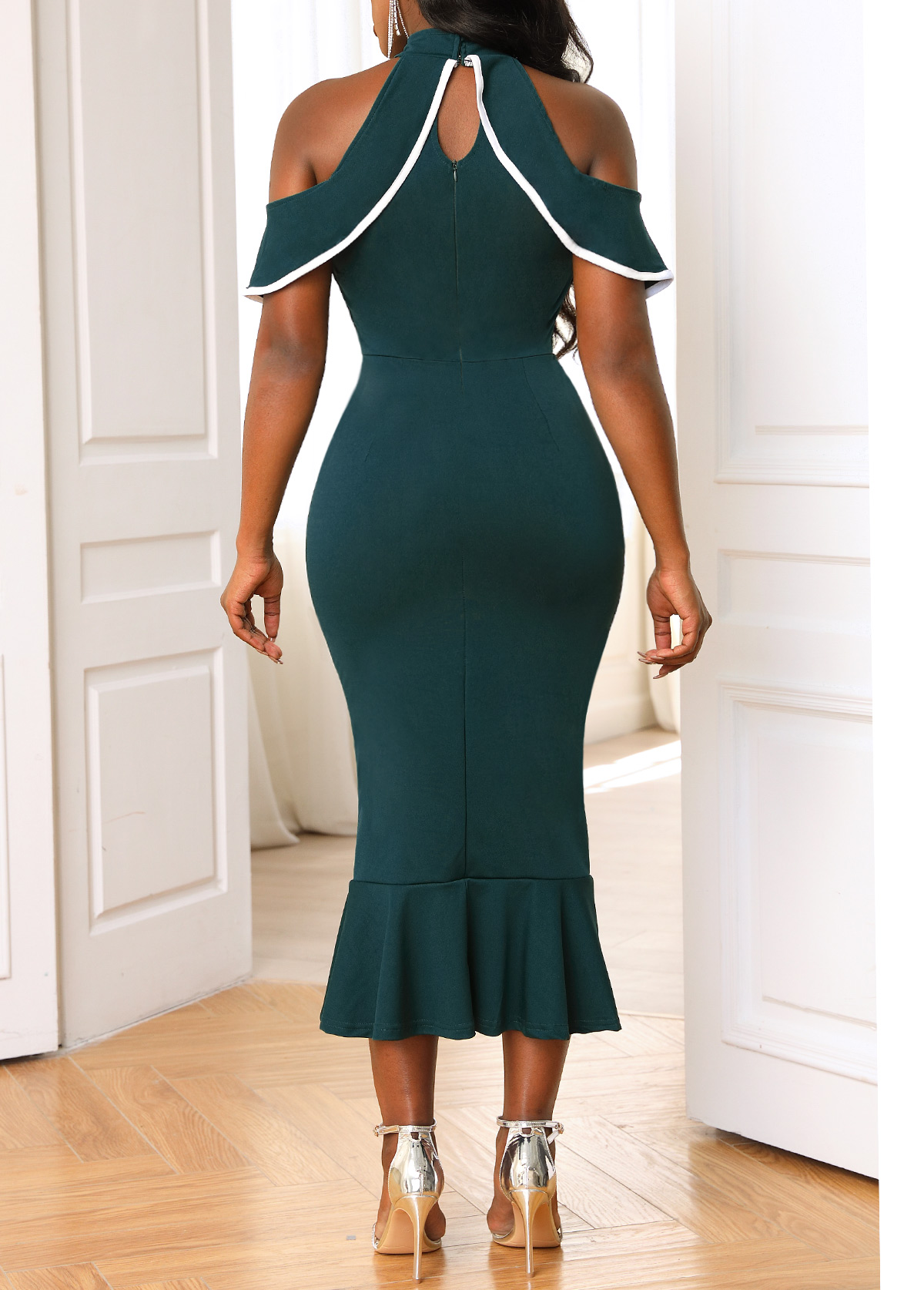 Turquoise Contrast Cold Shoulder Mermaid Dress