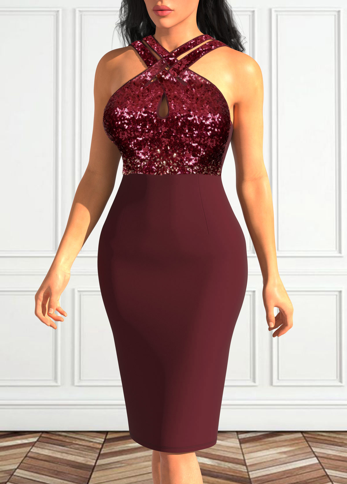 Sleeveless Cross Strap Wine Red Sequin Dress