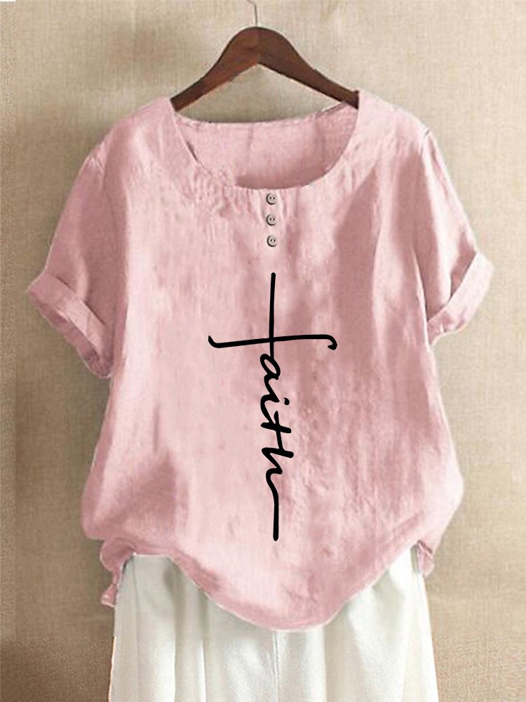 Ladies Cotton Linen Faith Print Casual Shirt