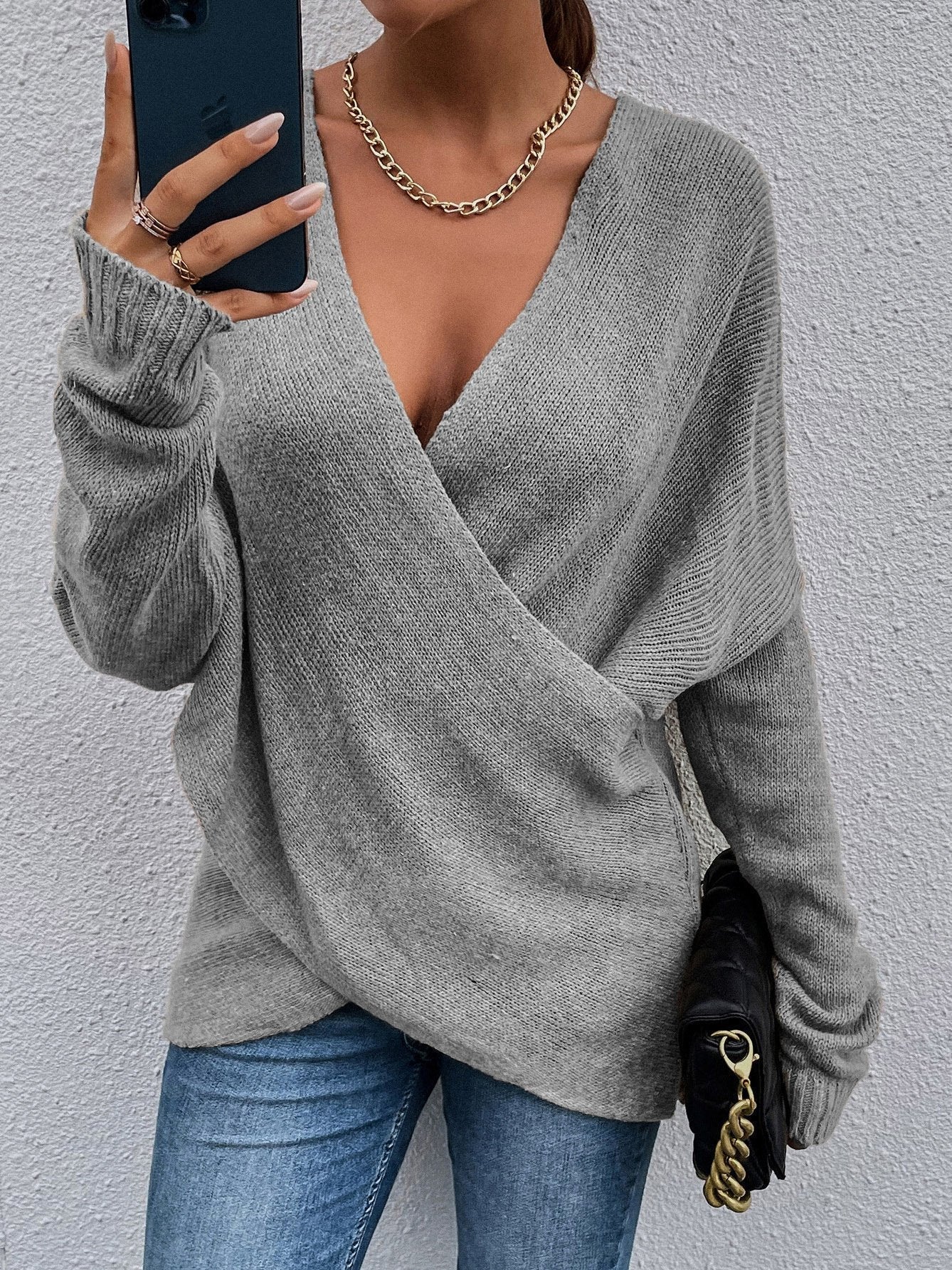 Women's Cross V-Neck Long Sleeve Knitted Sweater