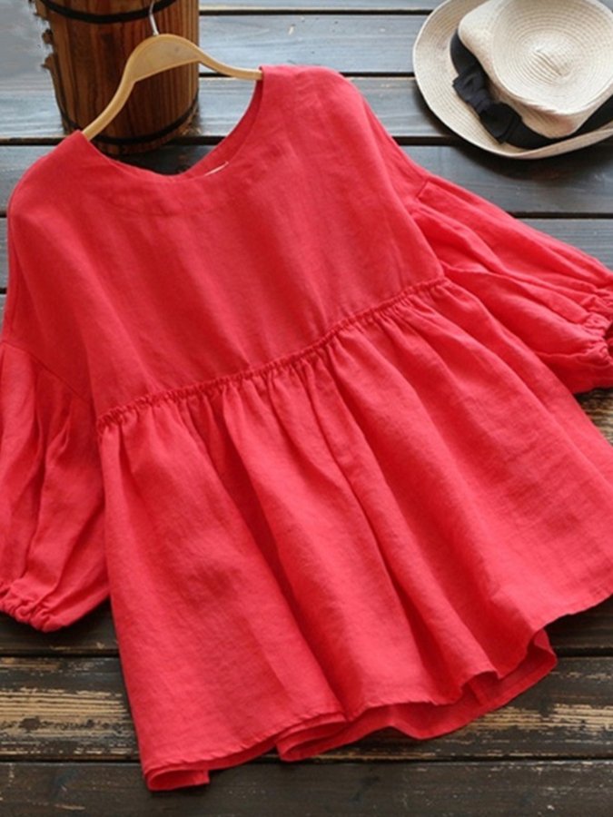 Women's cotton and linen five-quarter sleeve top