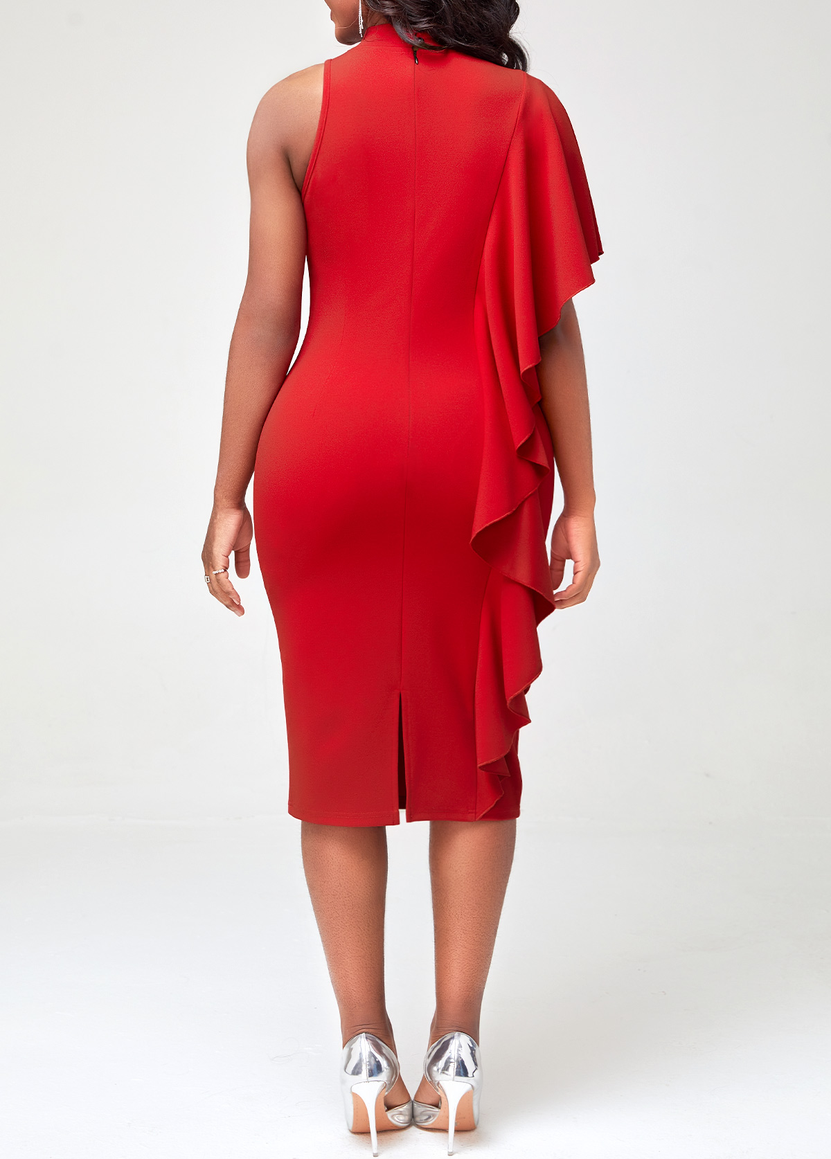 Flounce One Shoulder Mock Neck Red Dress